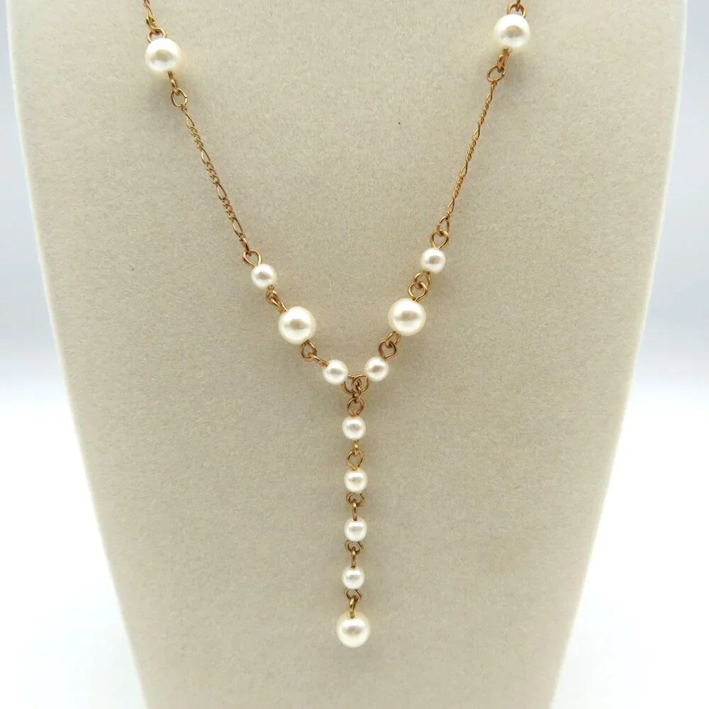Y Shaped Station Necklace Gold Tone 16